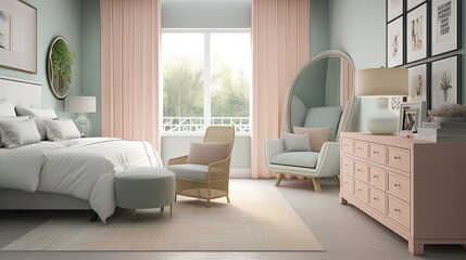 Bright and Airy Bedroom with Pastel Decor, generative ai