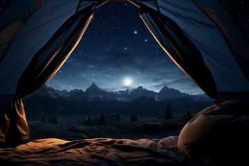 Camping inside tent at night, gazing at sky with moon, scenic landscape. Generative AI