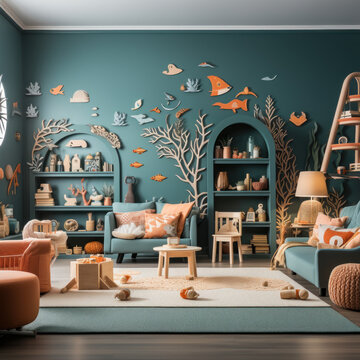 A childrens playroom adorned with an undersea tablea
