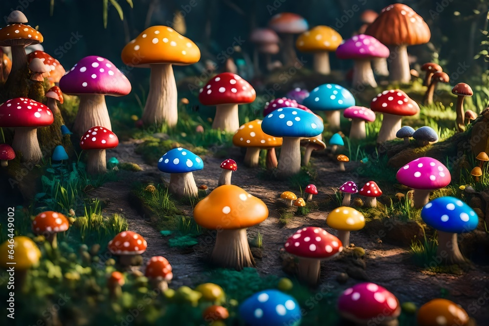 Poster unreal engine a colorful otherworldly tiny village of mushroom monsters - ai generative