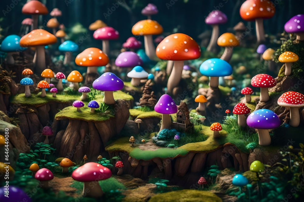 Poster unreal engine a colorful otherworldly tiny village of mushroom monsters - ai generative