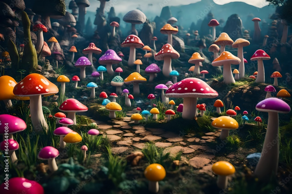 Poster unreal engine a colorful otherworldly tiny village of mushroom monsters - ai generative