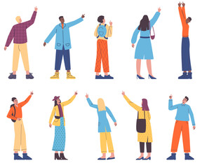 Fototapeta premium Cartoon people looking up. Flat style men and women showing upwards. Persons gesturing. Guy pointing with finger. Target search. Girl raising hand. Back and side view. Vector poses set