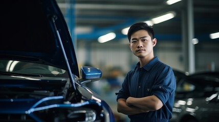 Asian mechanic checking the safety of a car. Maintenance of damaged parts in the garage. Maintenance repairs.