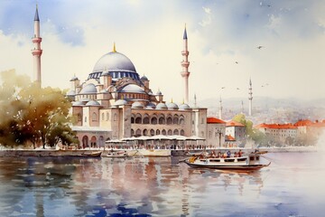 Estores personalizados com desenhos artísticos com sua foto A watercolor painting of the iconic mosque in Istanbul. Generative AI