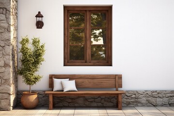 Front door of a farmhouse with a white wall and wooden bench nearby. Interior mockup. Generative AI