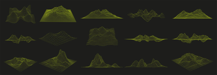 Wireframe landscapes. Futuristic 3D graph grid, cyber mesh mountains and distorted surface coordinates vector set with editable stroke paths