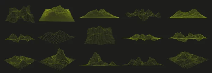  Wireframe landscapes. Futuristic 3D graph grid, cyber mesh mountains and distorted surface coordinates vector set with editable stroke paths © WinWin