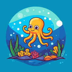 Cute Cartoon Octopus Underwater Vector