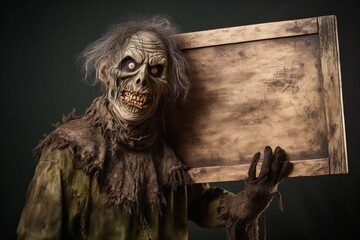 Fototapeta premium Funny Halloween zombie holding empty Wooden Board Generative AI