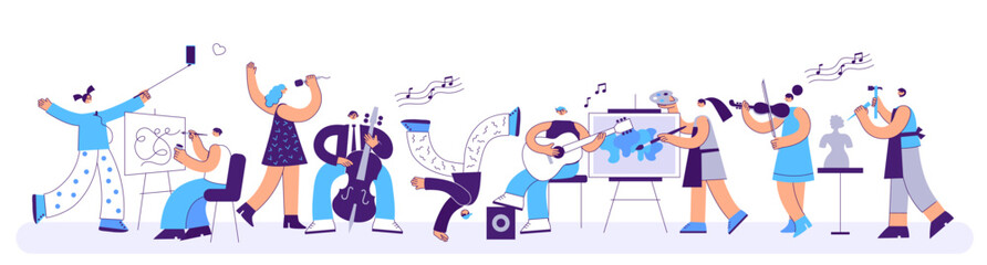 People of creative professions. Professional artist, musician, singer and dancer characters. Contemporary art school or hobbies and creativity flat vector illustration