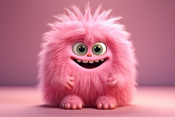 Cute pink furry monster 3D cartoon character - obrazy, fototapety, plakaty