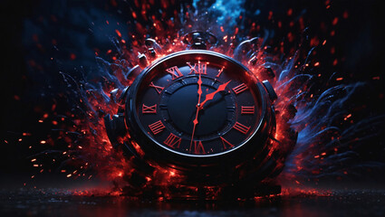 Burning clock Time is running out as the clock is on fire. The scary graphic shows a ticking clock as time is running out. The lightning storm clock graphic illustrates how valuable time is and how li - obrazy, fototapety, plakaty