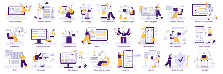 IT professions. Programmers and designers, engineers and managers, front and back end developers. Different digital jobs corporate vector illustration set