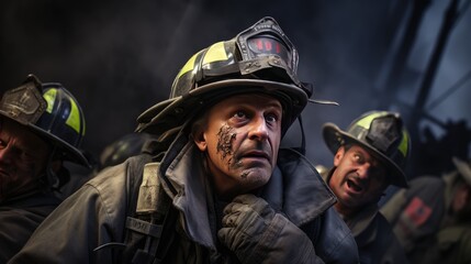 Obraz premium The rescue team is working at the site of the man-made disaster. Destruction after a terrorist attack.