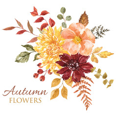 Autumn floral arrangement. Watercolor hand-painted fall flowers and tree leaves bouquet, isolated PNG clipart. Botanical illustration.