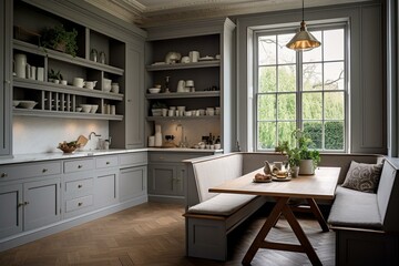 Large gray kitchen nook with table and storage. Generative AI