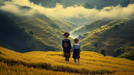 Fototapeta na wymiar two kids standing on a high plateau with rice terraces,Mucangchai,Vietnam.