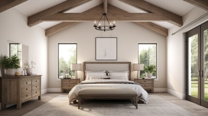 Farmhouse Style Bedroom with Beam Ceiling