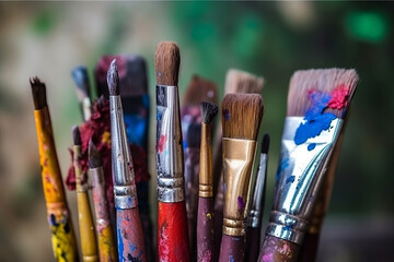 Obraz premium A bunch of brushes for painting with oil and acrylic paints. Artist paintbrushes in a artist studio.
