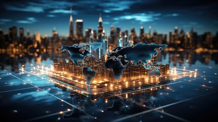 digital transformation and big data, world map graphic blue light noen connection element