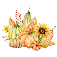 Autumn Thanksgiving Watercolor Pumpkins with leaves and harvest on white background. Fall floral arrangement with Pumpkins, Berries and Leaves