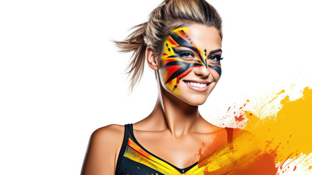 Portrait of a woman with faceart in flag of the Germany colors painted on her face.