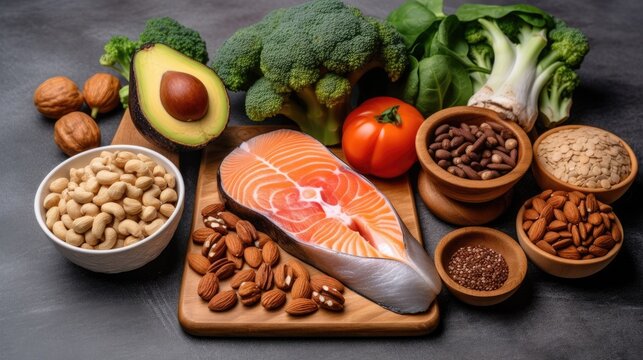 Healthy Brain Food to Boost Brainpower Nutrition Concept as a Group of Nutritious Nuts Fish Vegetables