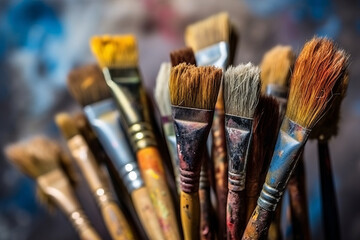 Fototapeta premium A bunch of brushes for painting with oil and acrylic paints. Artist paintbrushes in a artist studio.