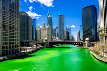 breathtaking panorama of Chicago's river and cityscape on St. Patrick's Day. Generative AI