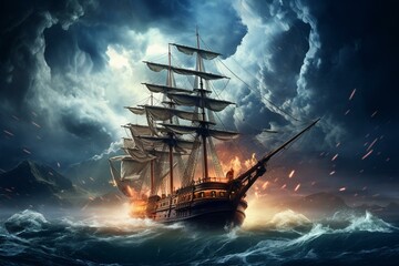 Classic ship sailing through stormy night, lightning in sky. Adventure, journey, parallel universe, multiverse theory. Generative AI - obrazy, fototapety, plakaty