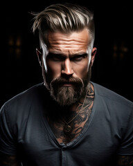 Obraz premium A bad boy biker, tattooed, short hair, seductive look