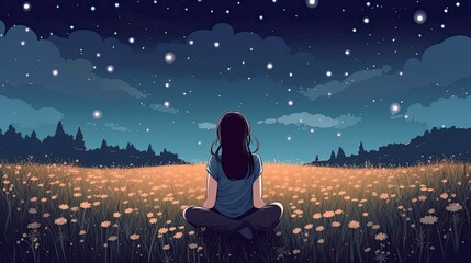 Illustration of a Girl Sitting in Flower Field Under Starfield Sky Idea for Hope and Faith