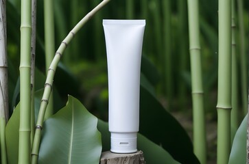 cream tube mockup nestled among tall bamboo shoots in a peaceful bamboo grove
