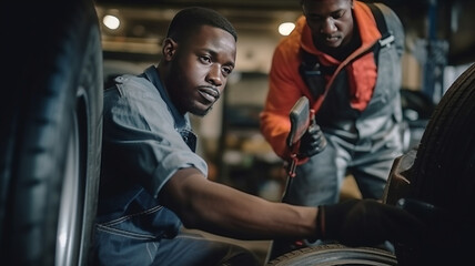 Auto garage worker Black African working together to fix service car.generative ai