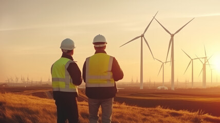 Back view of two engineers discussing against turbines on wind turbine farm.generative ai