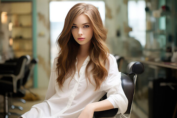 Young European woman with long brown hair sitting in barber shop chair, portrait of a girl in a beauty salon waiting for a haircut.
