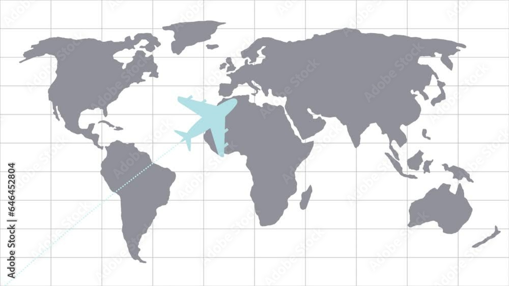 Poster airplanes animation fly over around world map with blue loopabled seamless background.