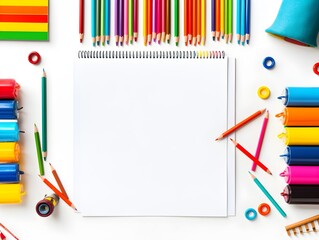 School stationery set with color pencil, marker and notebook on white background. Flat lay top view