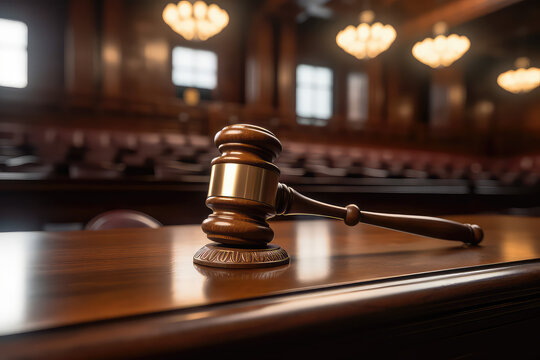 Wooden gavel on a desk in a courtroom. Announcement of the judge verdict and lawful decision.
