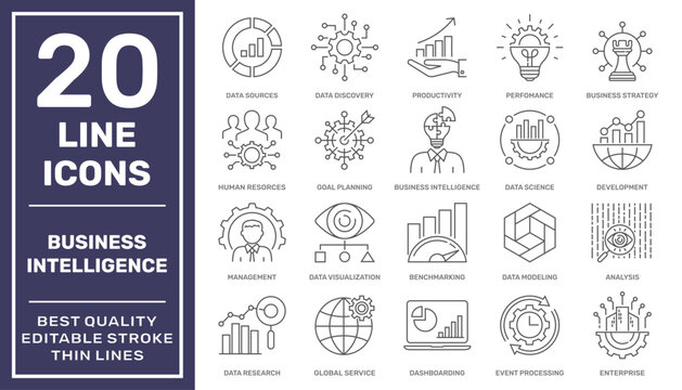 Business Intelligence icons set. Business Intelligence tools. Different kind of BI instruments. Editable Stroke