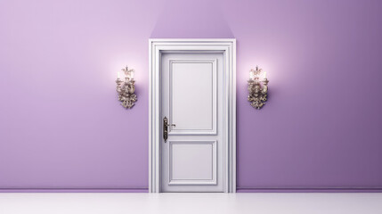 White vintage entrance door on minimal style Light purple wall background, copy space.
