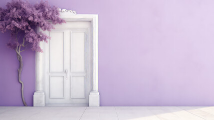 White vintage entrance door on minimal style Light purple wall background, copy space.
