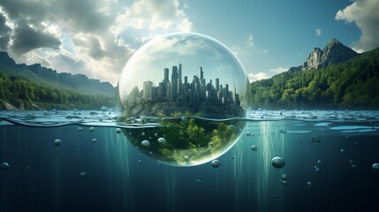 Glass globe submerged in a serene river, with underwater hydroelectric turbines harnessing the...