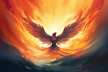 Concept illustration of a bird rising like a phoenix, symbolizing never giving up and succeeding in business or relationships. Generative AI - obrazy, fototapety, plakaty