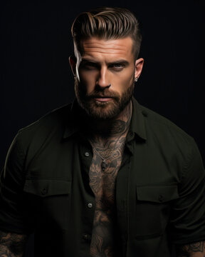 A bad boy biker, tattooed, short hair, seductive look