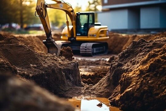 An excavator digs trench for pipeline at construction site. Earth moved, foundation prepared. Generative AI