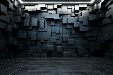 a three-dimensional wall composed of black blocks against a futuristic backdrop. Generative AI
