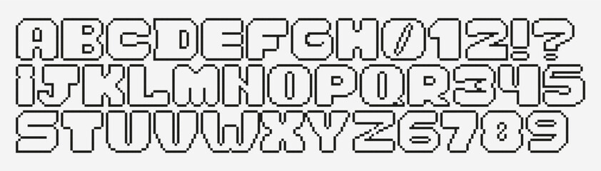 An 8-bit pixelated alphabet. Reminiscent of classic video game graphics and comic book style. Perfect for gaming enthusiasts, retro design projects, capturing nostalgia and 'game over' moments