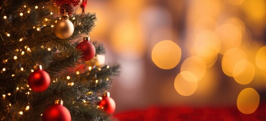 Fototapeta na wymiar Enchanting red backdrop highlighting a festive Christmas tree adorned with shimmering lights. Concept of joyful holiday celebration.